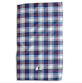 Load image into Gallery viewer, A rectangular towel featuring a red, white, and blue plaid pattern, with a small embroidered baseball cap logo near the bottom center, shown against a plain white background.