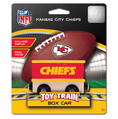 Load image into Gallery viewer, Kansas City Chiefs NFL toy train box car in retail packaging, featuring a small wooden toy train car with 'CHIEFS' lettering and a Kansas City Chiefs football displayed above it on the card.