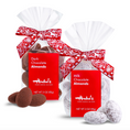Load image into Gallery viewer, Two 3 oz bags of Andre's Confectionery chocolates, one with dark chocolate almonds and one with milk chocolate almonds, both in clear bags with red labels and white ribbon bows, shown on a white background with loose almonds in front.
