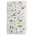 Load image into Gallery viewer, An off-white woven kitchen towel featuring a hand-drawn illustrated map of Kansas City, with colorful icons and labels for landmarks, music, food, and attractions.
