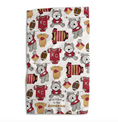 Load image into Gallery viewer, A rectangular kitchen towel with a repeating pattern of gray wolf pups wearing Kansas City Chiefs themed clothing, including red and gold jerseys, footballs, and baby bodysuits. The towel features the text 'Welcome to the KINGDOM' at the bottom.
