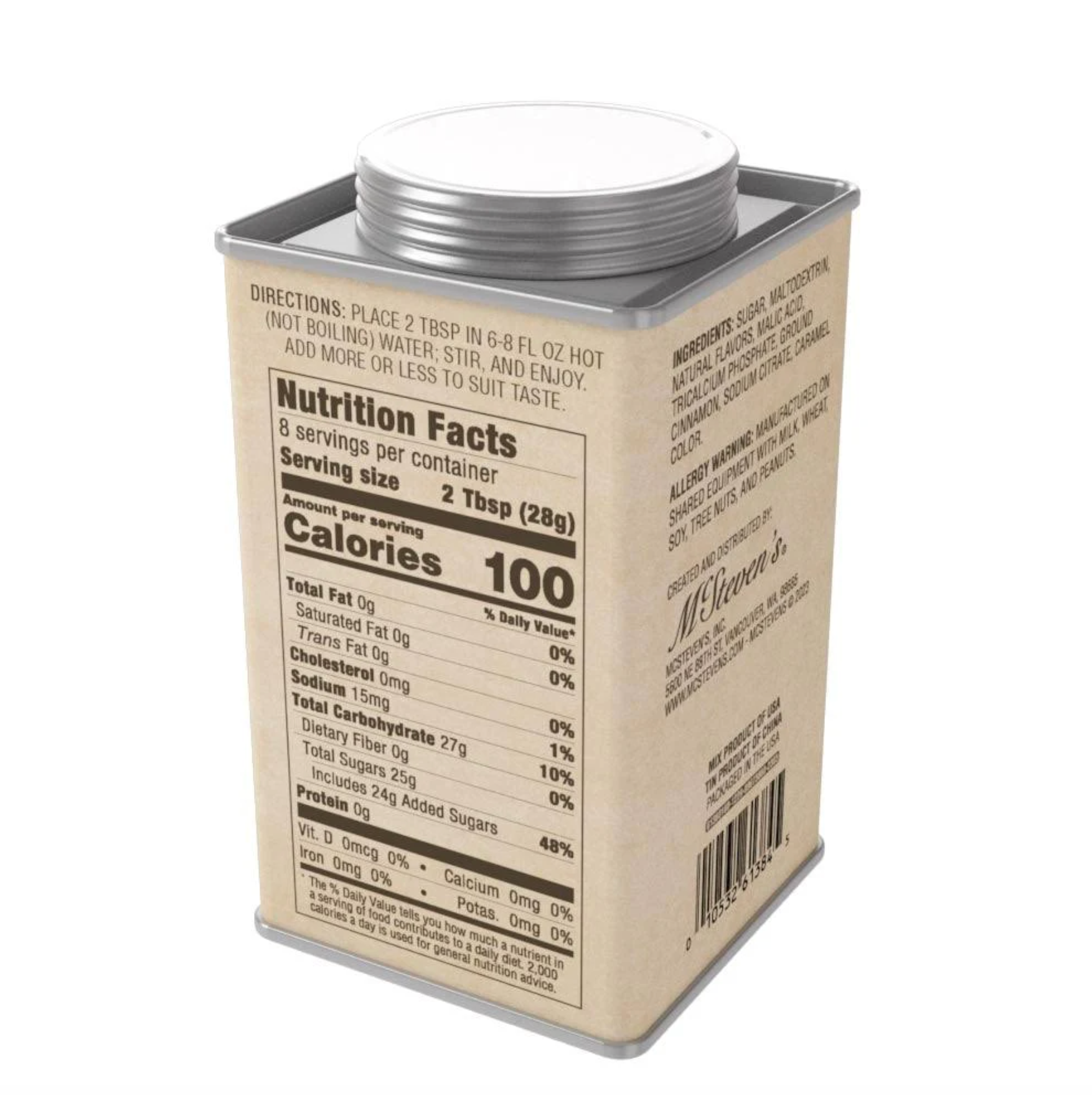 A square metal canister of Cinnamon Apple Cider with a beige label showing the nutrition facts panel, photographed on a white background.