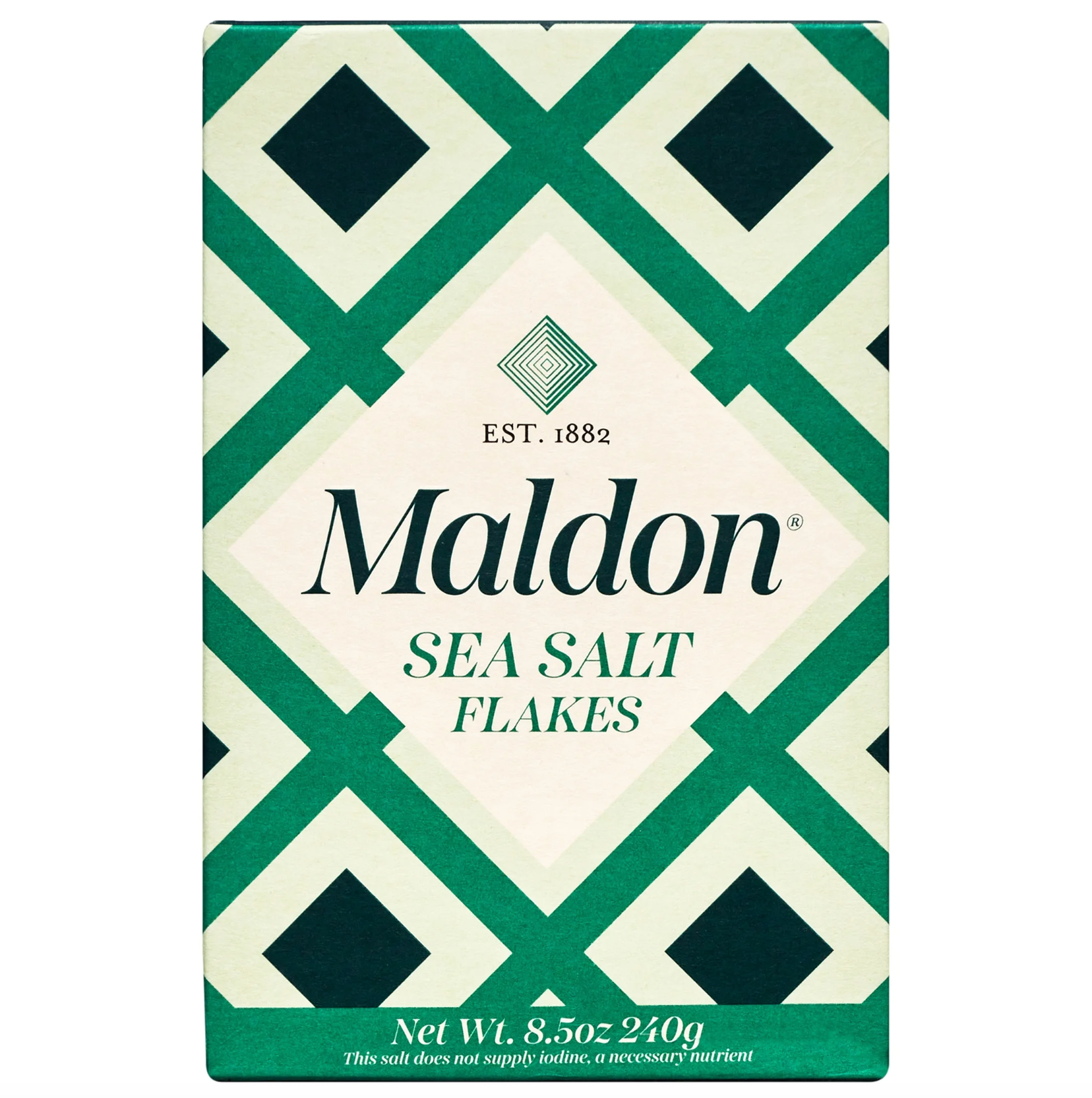 A rectangular box of Maldon Sea Salt Flakes with a green and cream geometric diamond pattern, featuring the brand name 'Maldon' and 'EST. 1882' on the front.