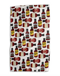 Load image into Gallery viewer, A white kitchen towel featuring a repeating pattern of vintage-style red and black bottles with yellow, white and green labels.
