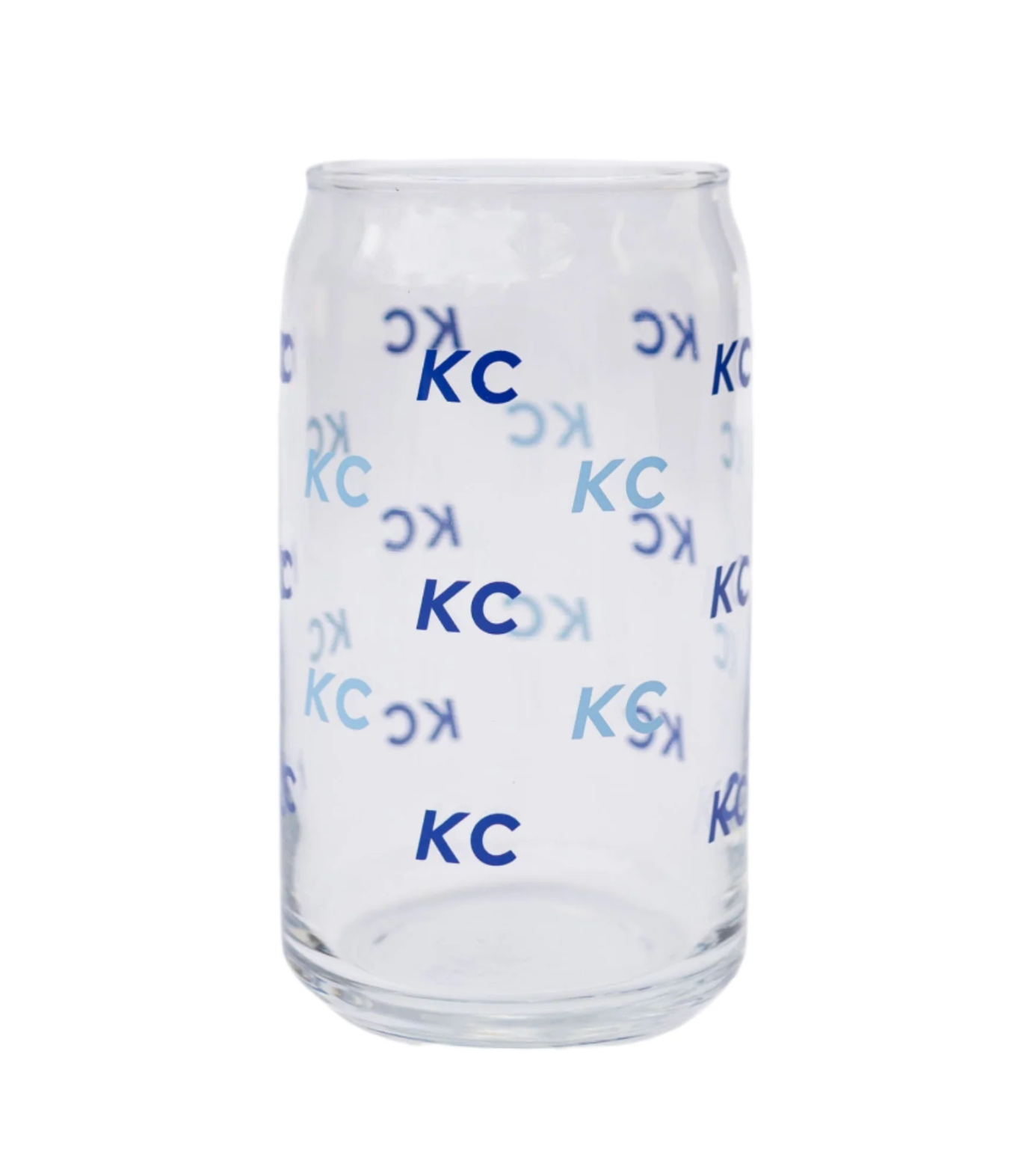 A clear glass can-shaped tumbler with a repeating blue 'KC' logo pattern, shown against a plain white background.