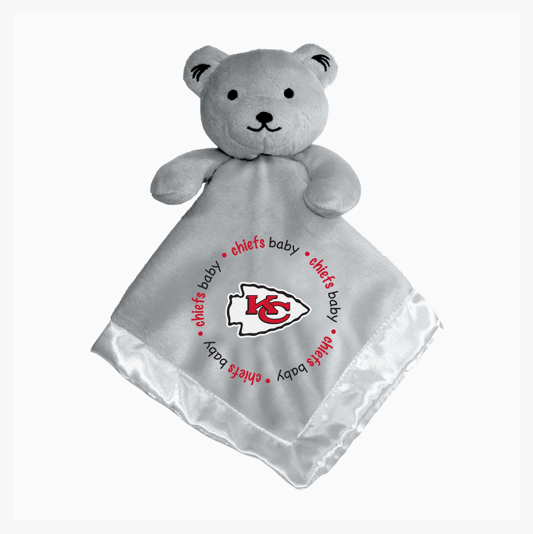 A light gray plush teddy bear security blanket featuring the Kansas City Chiefs logo and 'chiefs baby' text printed on the satin corner, shown against a plain white background.