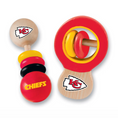 Load image into Gallery viewer, A pair of wooden toy baby rattle toys featuring the Kansas City Chiefs logo. One rattle has a natural wood handle and a red, yellow, and black stacked bead top with a red ball labeled 'CHIEFS'.
