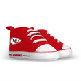 Load image into Gallery viewer, A pair of Kansas City Chiefs baby high-top sneakers in red and white, featuring the team logo on the side and 'CHIEFS' text on the white midsole.
