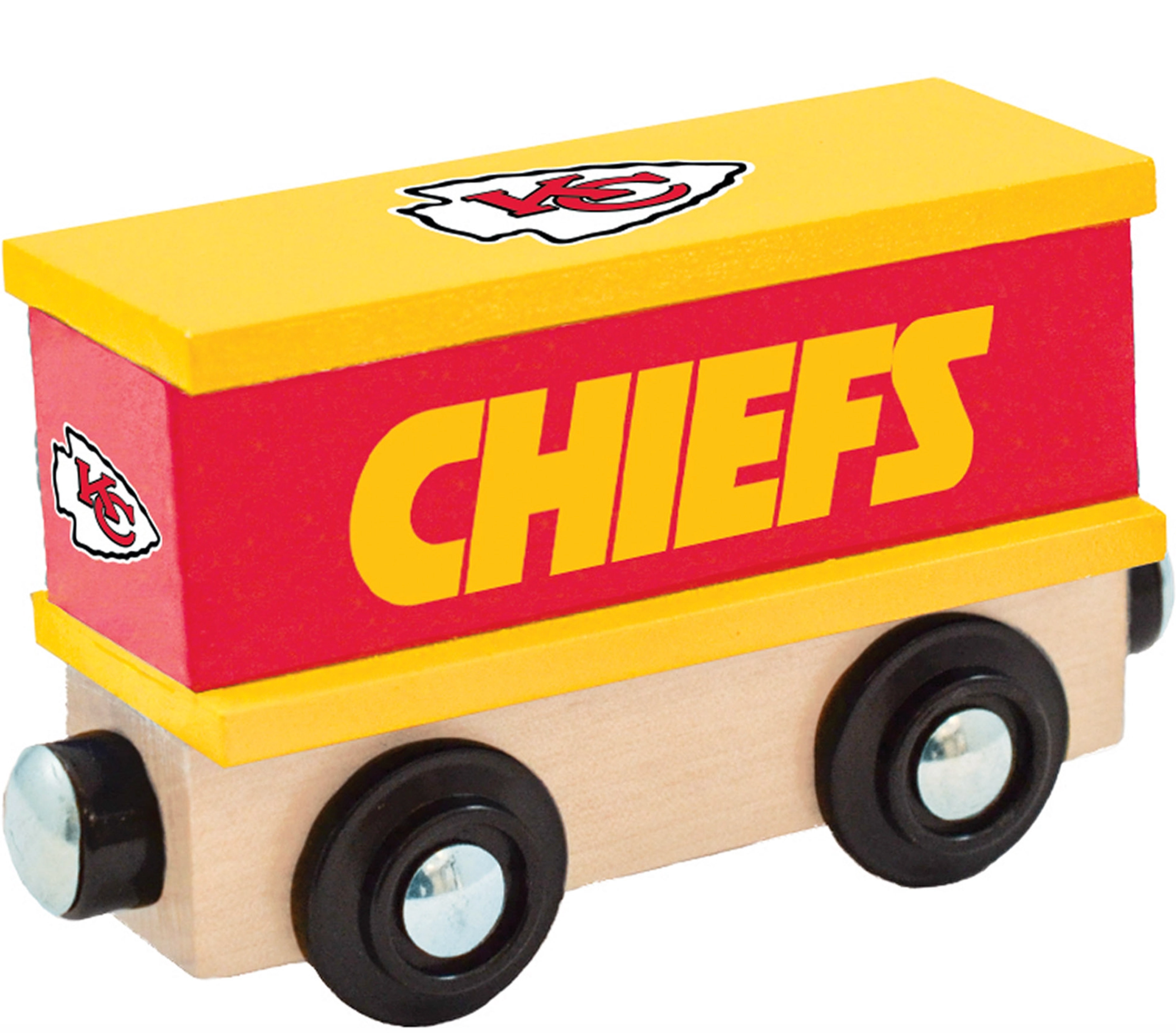 A wooden toy train car designed like a Kansas City Chiefs box car, featuring a yellow top, a red side panel with yellow 'CHIEFS' lettering, a light natural wood base, and black wheels.