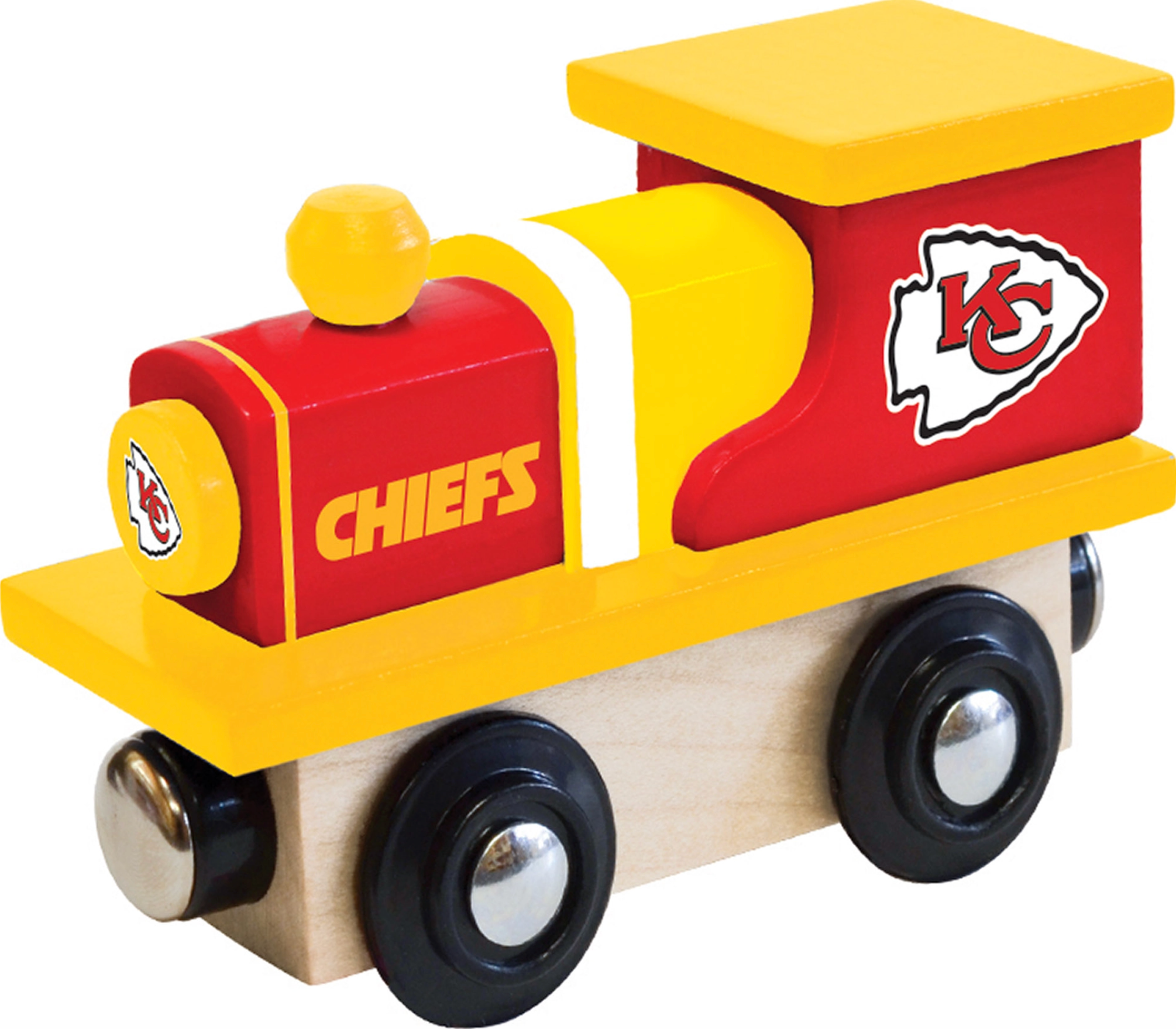 A wooden toy train car featuring the Kansas City Chiefs team colors, with a red body, yellow accents, a white and red Chiefs logo, and black wheels on a light wood base.