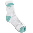 Load image into Gallery viewer, A single white crew sock with mint green accents, featuring 'KANSAS CITY' printed in mint green on the ribbed ankle area with two horizontal mint green stripes above it. The sock is photographed on a clean white background.
