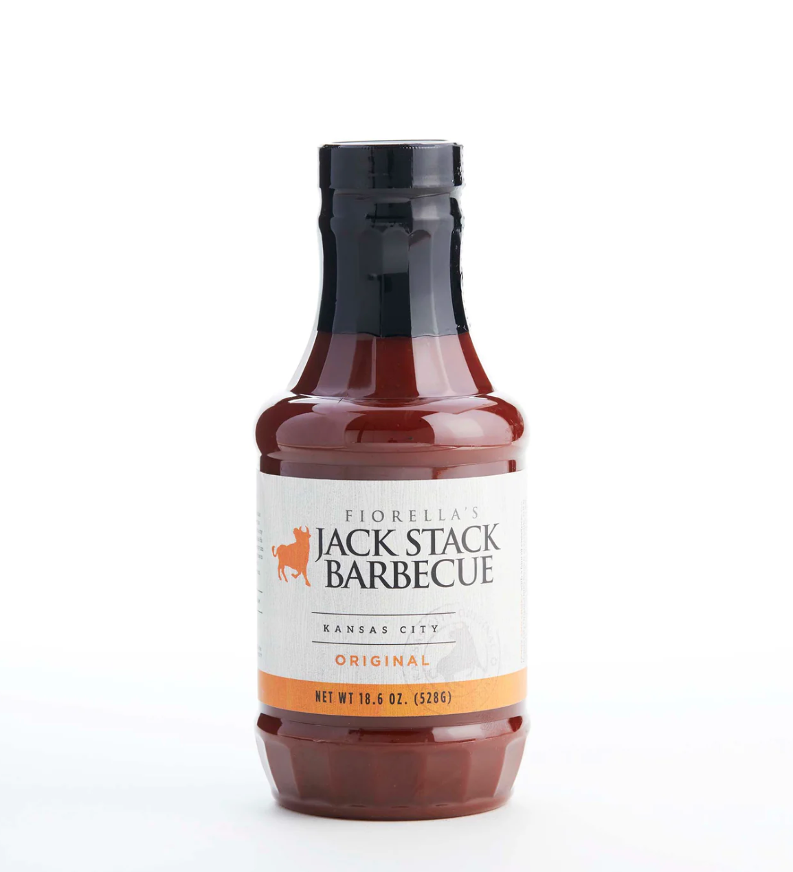 A bottle of Fiorella's Jack Stack Barbecue sauce, Kansas City Original, with a black cap and a white label featuring orange accents, set against a plain white background.