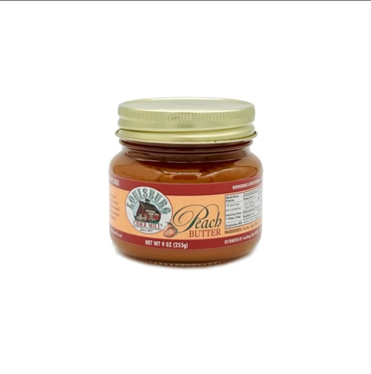A jar of Louisburg Cider Mill Peach Butter, featuring a light gold lid and a label with red and beige sections, set against a plain white background.