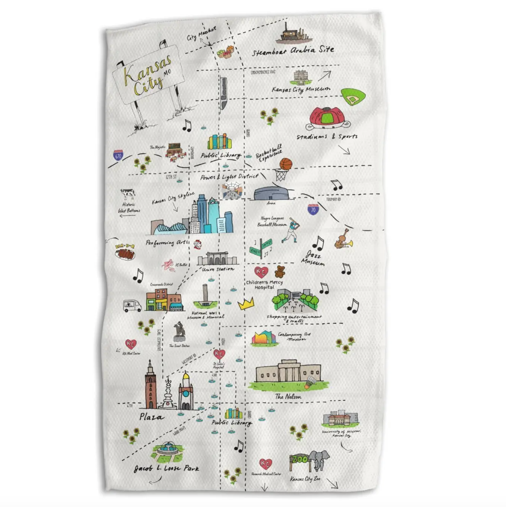 An off-white woven kitchen towel featuring a hand-drawn illustrated map of Kansas City, with colorful icons and labels for landmarks, music, food, and attractions.