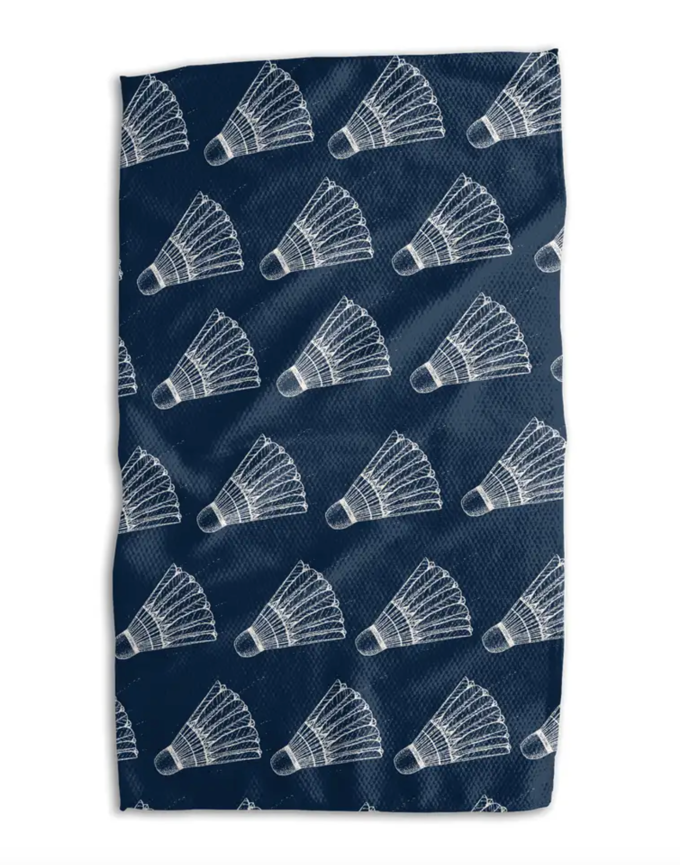 A rectangular navy blue towel or cloth featuring a repeating white pattern of shuttlecocks, shown flat against a white background.