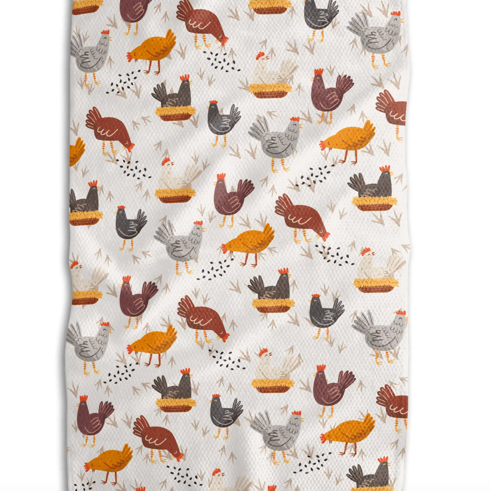 Kitchen Tea Towel with chickens in white, gray, brown, and black. This is the back of the double-sided Kansas Farm towel by Absorb-Lumen