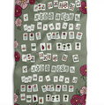 Load image into Gallery viewer, A flat-lay view of a rectangular game board or mat with a sage green background, decorated with pink and magenta floral corners and rows of small illustrated playing cards.
