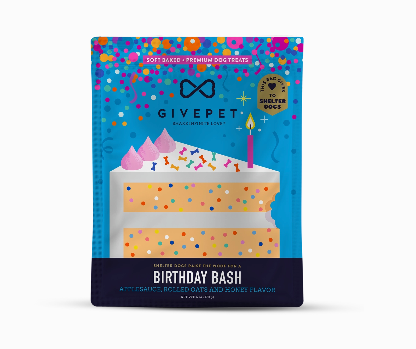 GivePet Birthday Bash soft baked premium dog treats pouch. The packaging features a colorful birthday cake illustration with pink frosting and a lit candle on a bright blue background with confetti details.