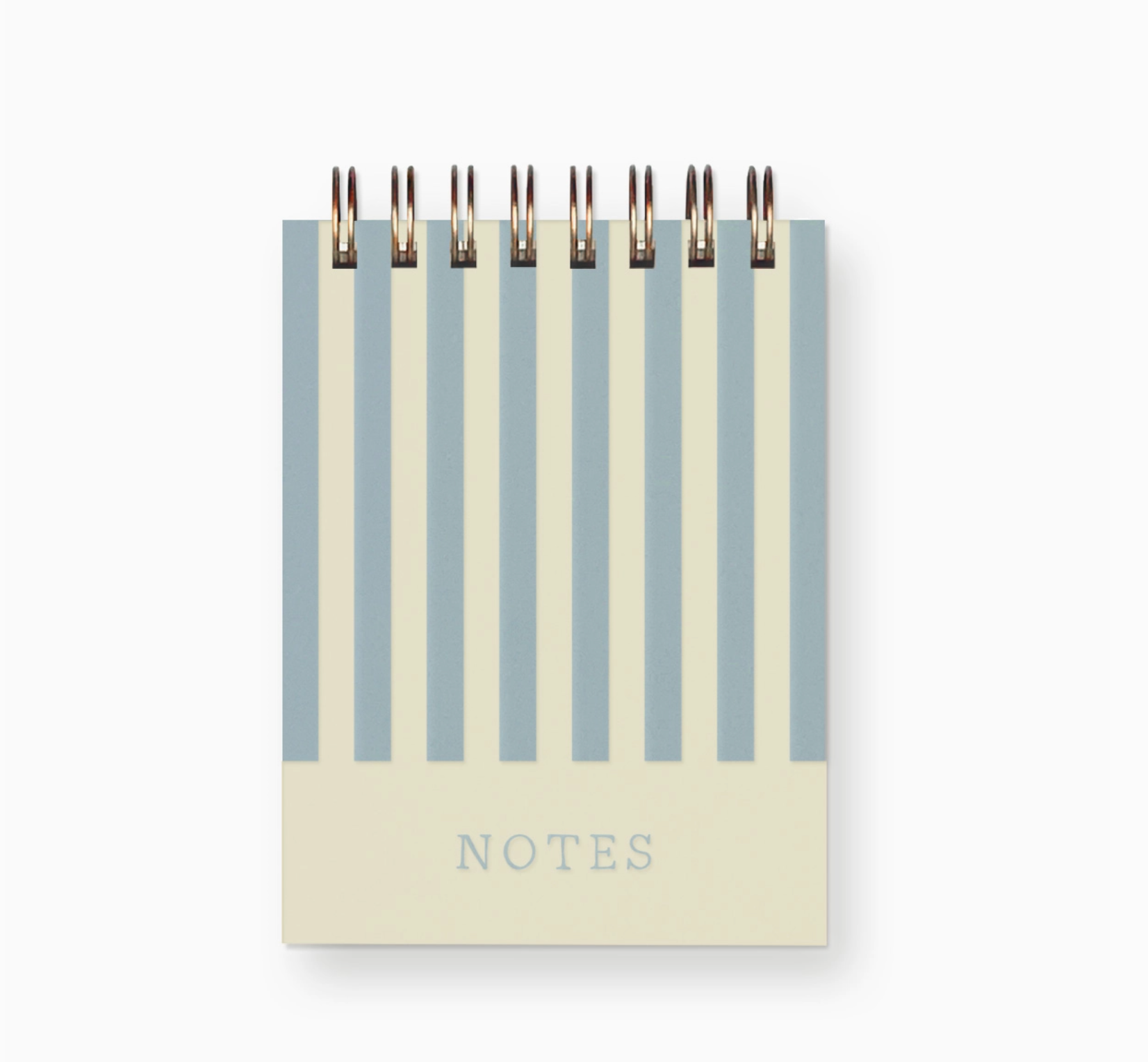 A spiral-bound notebook with vertical stripes in dusty blue and cream, featuring a solid cream cover at the bottom with the word 'NOTES' printed in a subtle serif font.