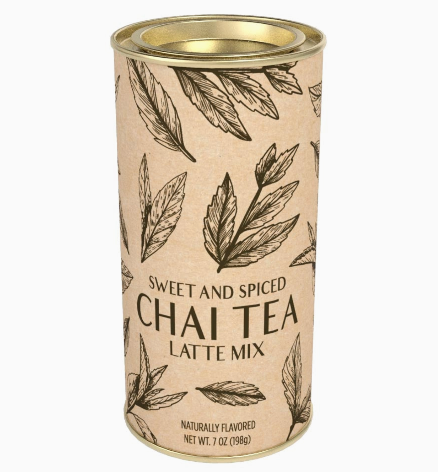 A cylindrical metal tin of Sweet and Spiced Chai Tea Latte Mix, featuring a beige kraft paper style label with black leaf illustrations and text, set against a plain white background.
