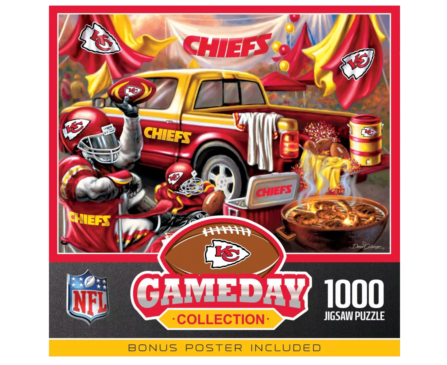 NFL Gameday Collection 1000-piece jigsaw puzzle box featuring a colorful Kansas City Chiefs themed illustration with a truck, football player, bowl, and 'Gameday Collection' branding.